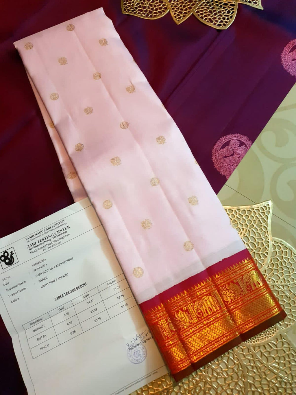 Baby Pink Kanchipuram Handloom 2G Gold Pattu Silk Saree