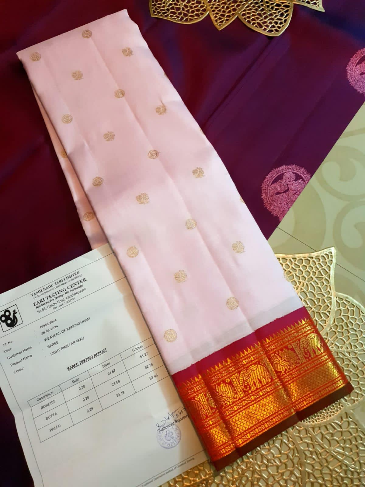 Baby Pink Kanchipuram Handloom 2G Gold Pattu Silk Saree