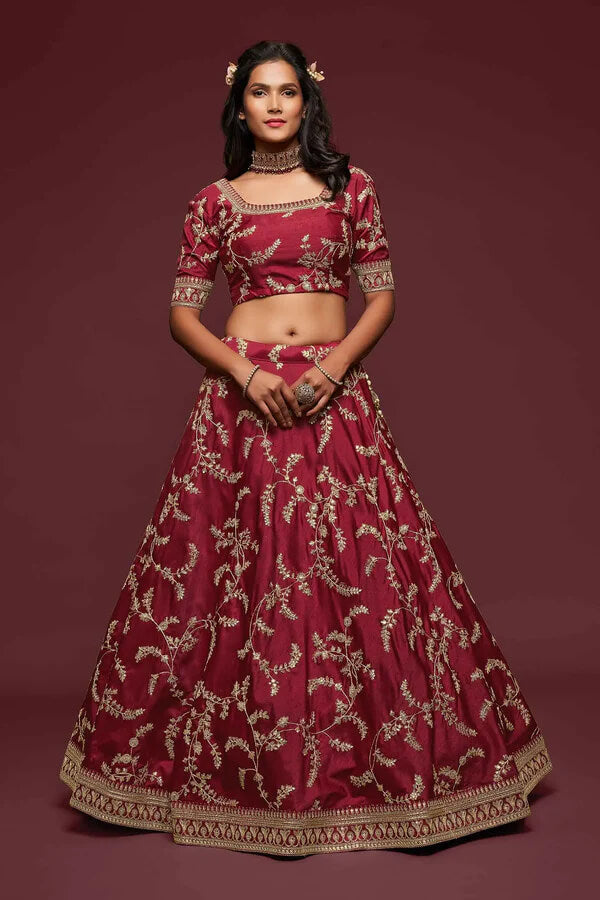 Maroon Silk Lehenga with Thread, Zari & Sequins Work