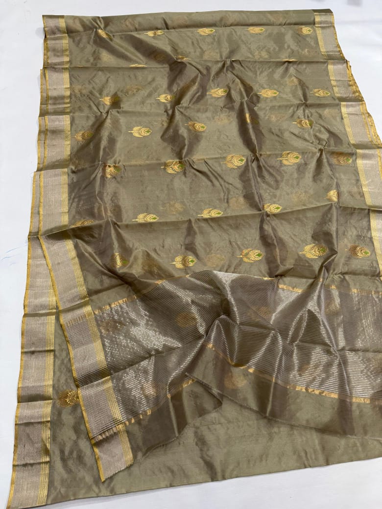 Olive Green Chanderi Handloom Pattu Silk Meenakari Saree