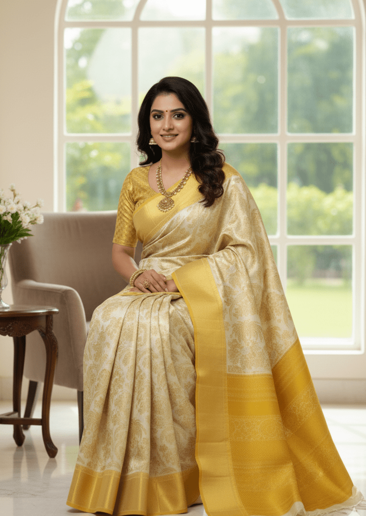 Ivory & Gold Kanchipuram Handloom Tissue Brocade Bridal Silk Saree