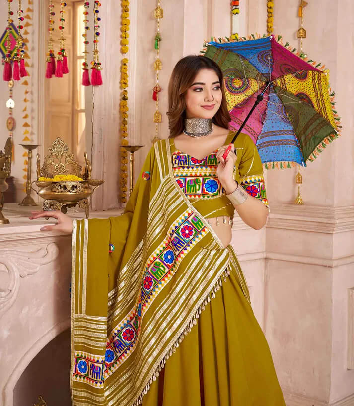 Mustard Brown Kutchi Work Navratri Lehenga Choli