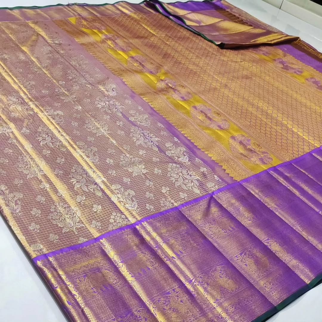 Lavendel Kanchipuram Håndvævet Brokade Meenakari Silkesari