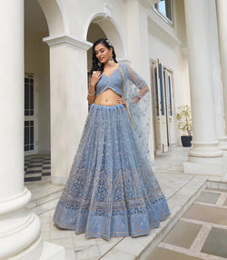 Stylish Blue Grey Net Lehenga Choli with Thread Work