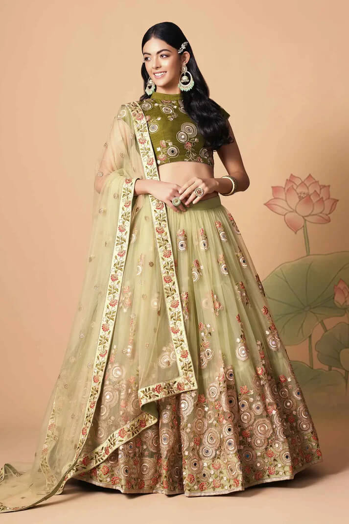Pista Green Net Lehenga with Zari, Sequins & Mirror Work