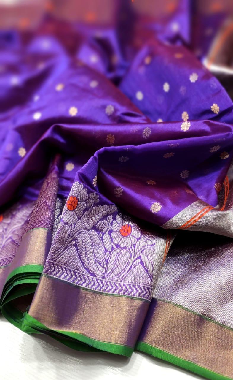 Dual Tone Purple Chanderi Handloom Pattu Silk Handwork Saree