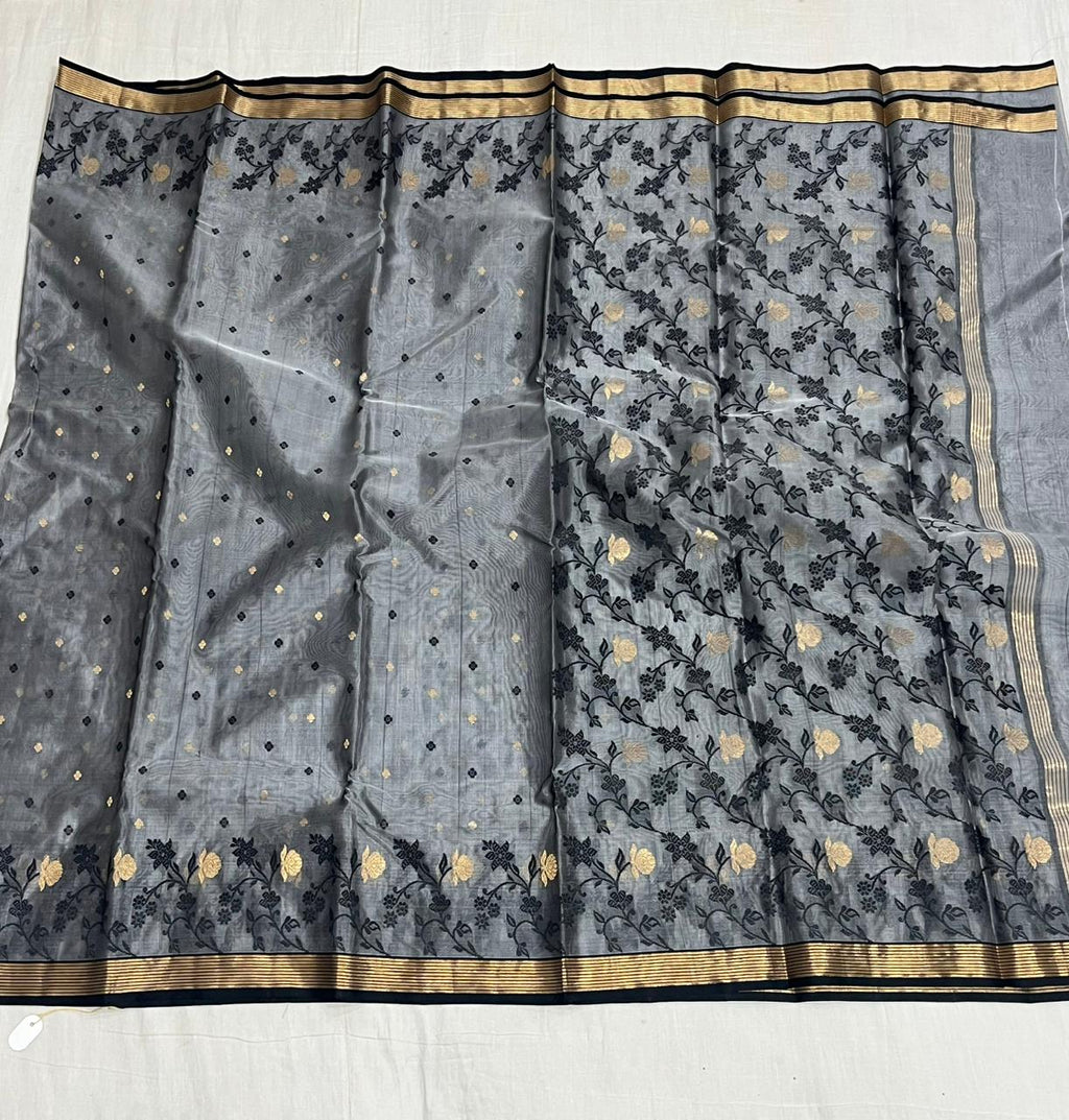 Dark Grey Chanderi Handloom Katan Silk Meenakari Saree