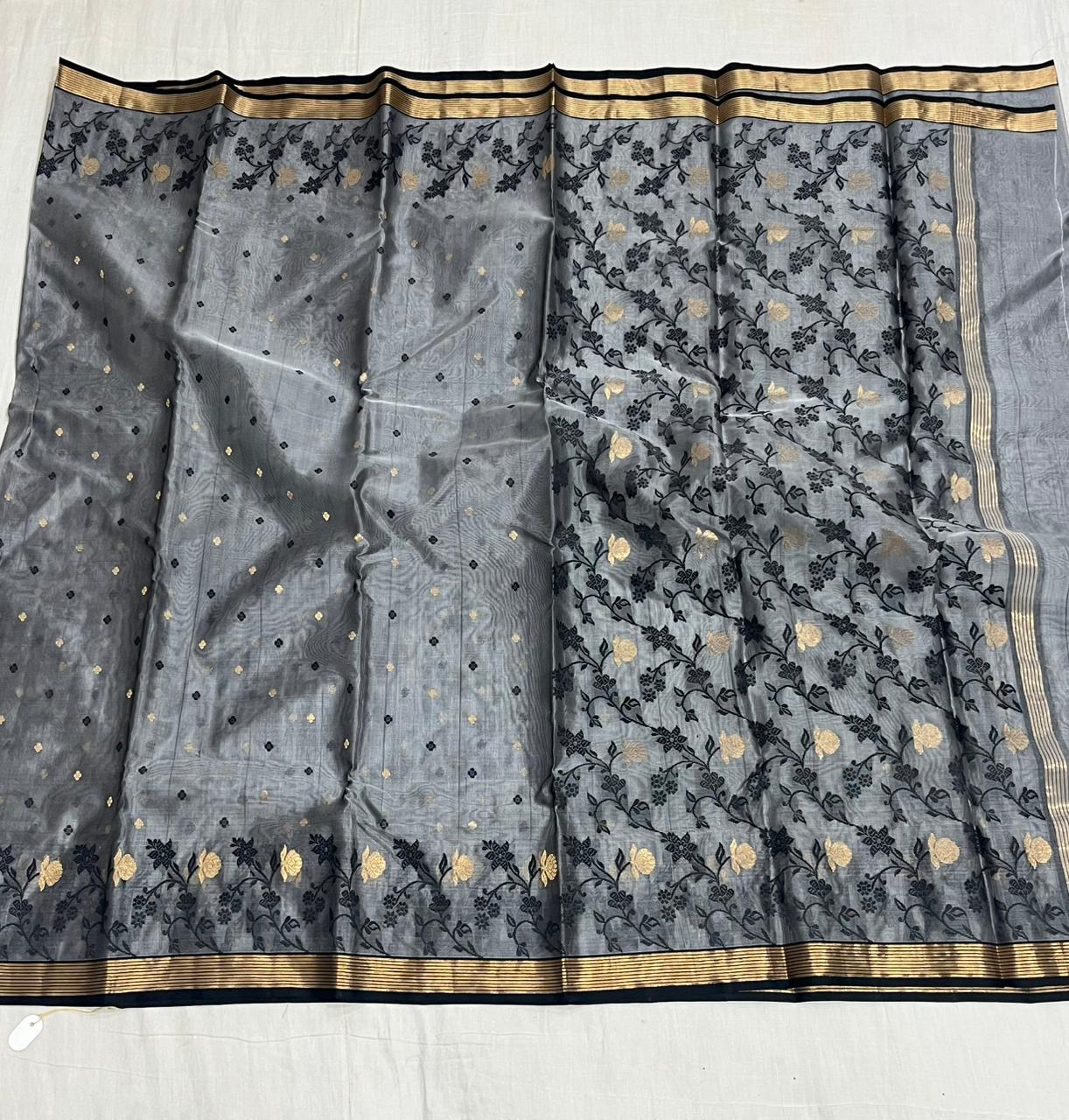 Dark Grey Chanderi Handloom Katan Silk Meenakari Saree