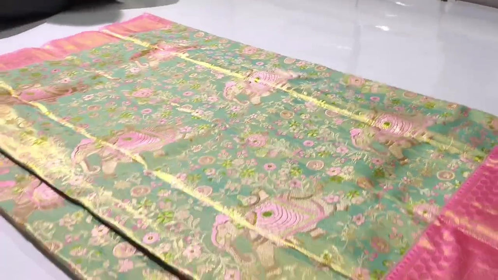 Pista Green Kanchipuram Handloom Tissue Brocade 4D Meenakari Silk Saree