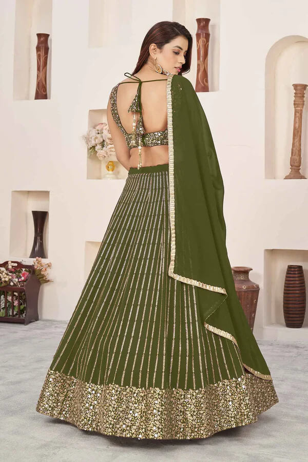 Dark Olive Green Georgette Lehenga with Zari & Sequins