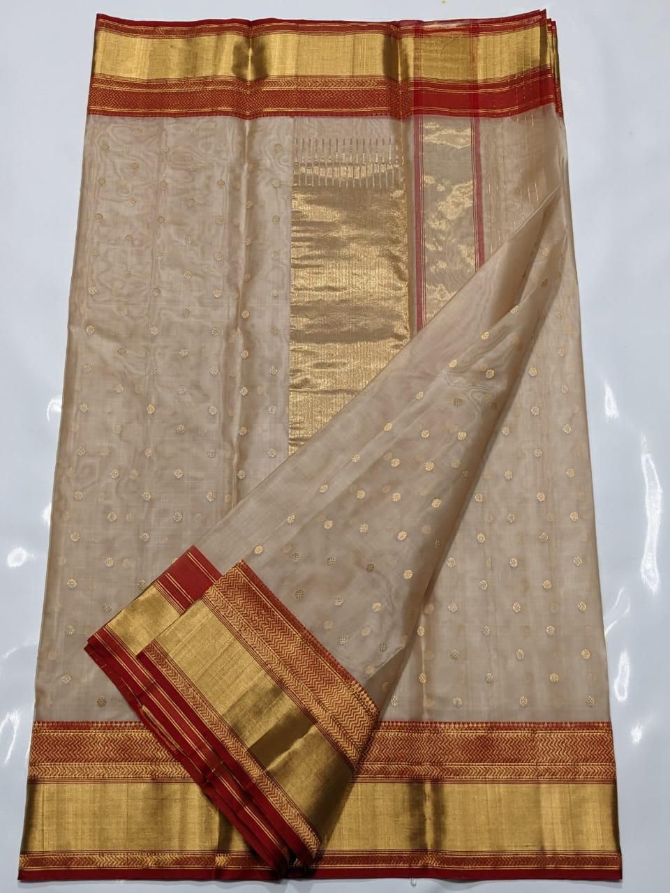Beige Chanderi Handloom Katan Silk Handwork Saree