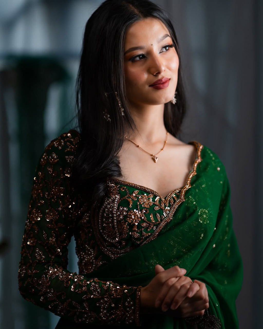 Bottle Green Hand Embroidered Organza Silk Saree