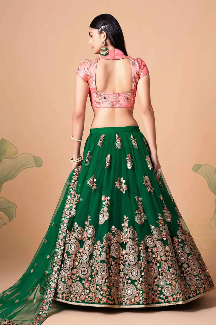 Green Net Lehenga with Zari, Sequins & Mirror Work