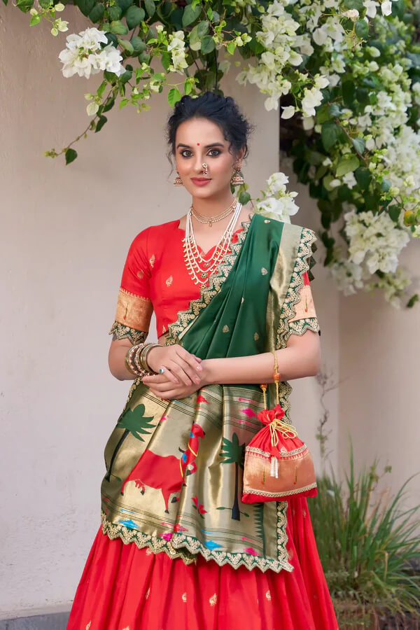 Elegant Bright Red Paithani Silk Lehenga Choli with Zari & Lace