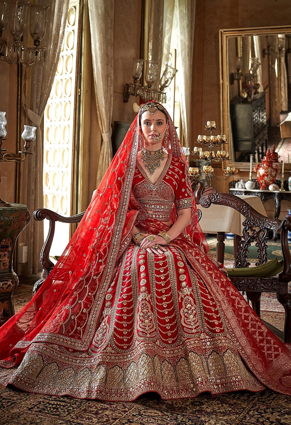 Festive Red Bridal Lehenga with Thread & Pearl Work