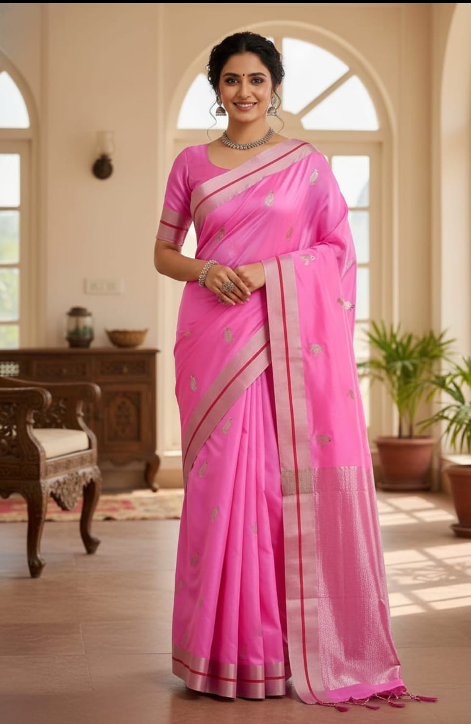 Hot Pink Chanderi Handloom Pattu Silk Meenakari Saree