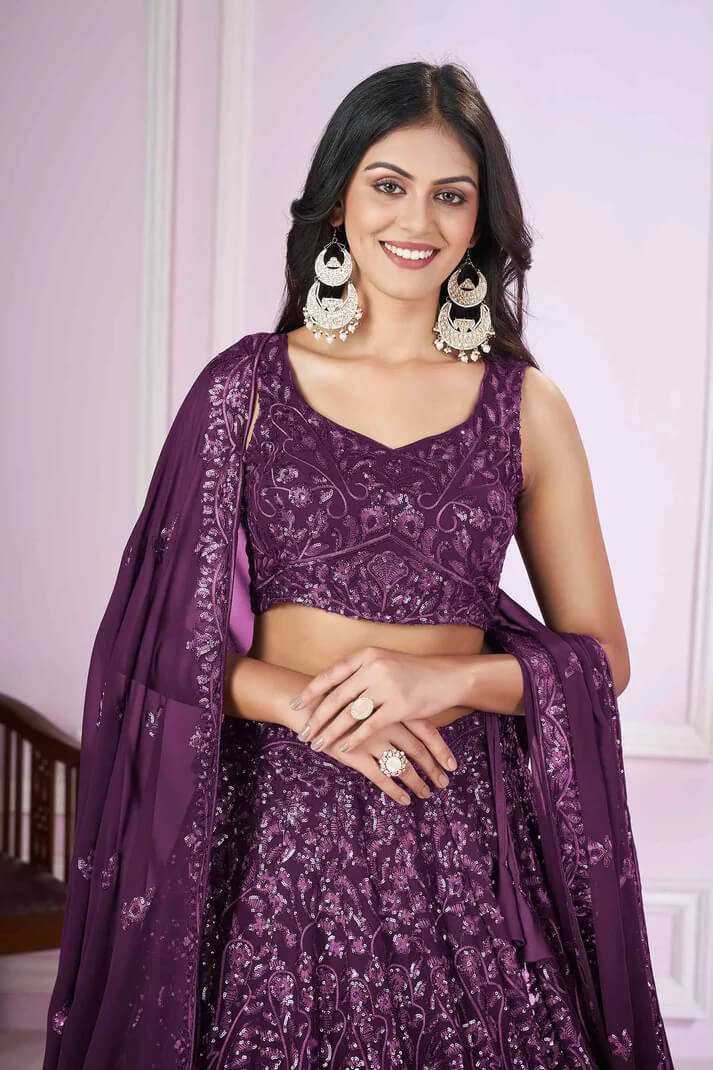 Wine Georgette Lehenga with Sequins & Thread Embroidery