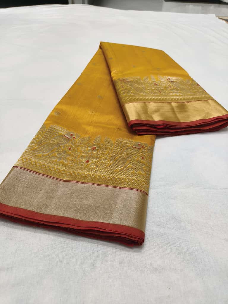Golden Yellow Handloom Pattu Silk Meenakari Handwork Saree