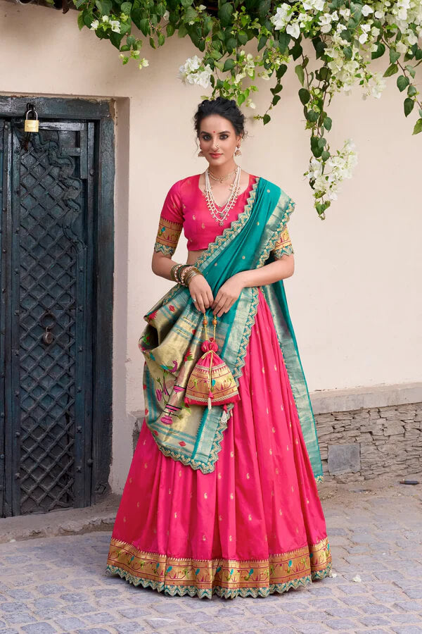 Festive Dark Pink Paithani Silk Lehenga with Zari Detailing