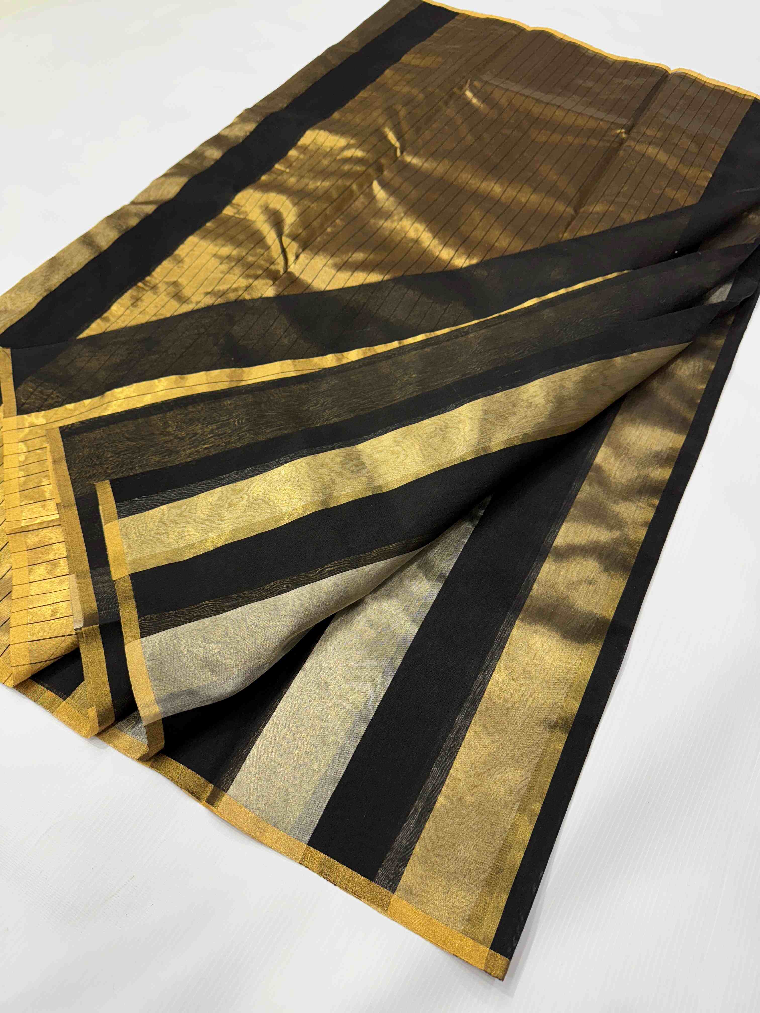 Gold, Silver & Black Chanderi Handloom Metallic Tissue Silk Contemporary Saree