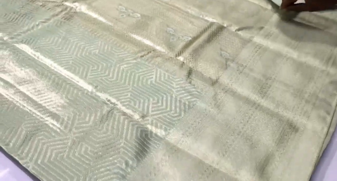 Pista Grøn Kanchipuram Håndvævet Tissue Brocade Silke Saree