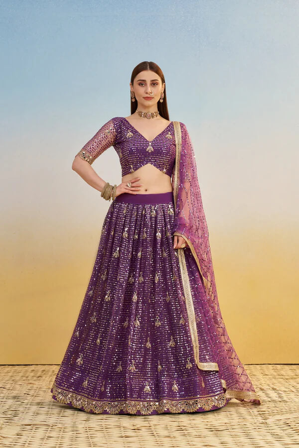 Glamorous Dark Purple Net Lehenga Choli for Weddings