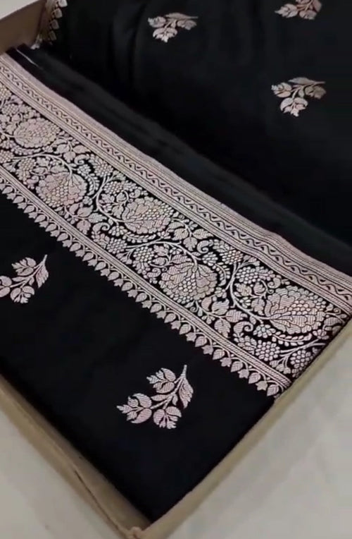Black Banarasi Mashru Soft Silk Saree