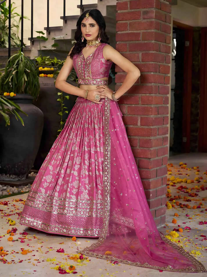 Pink Jacquard Lehenga with Zari & Sequins Work