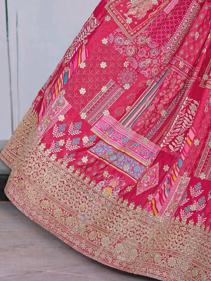 Pink Silk Lehenga with Digital Print & Embroidery