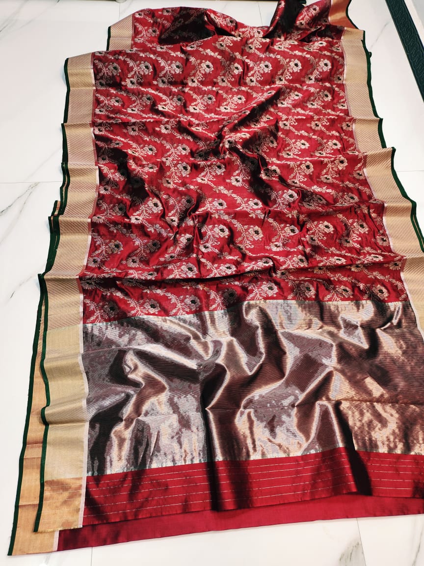 Red Chanderi Handloom Pattu Silk Meenakari Handwork Saree