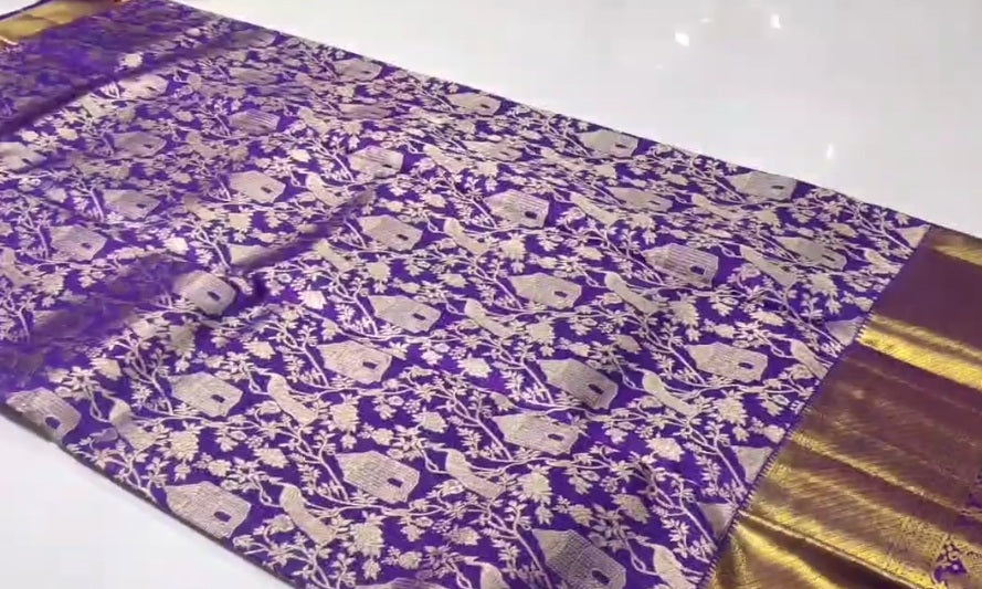 Purple Kanchipuram Handloom Tissue Brocade Silk Saree