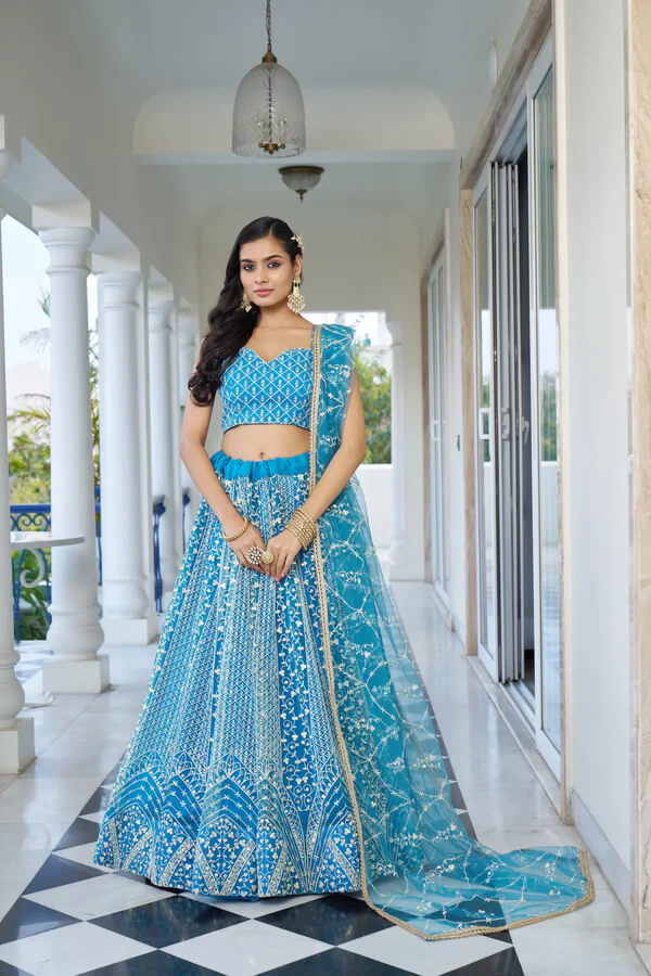 Elegant Pacific Blue Net Embroidered Lehenga Choli