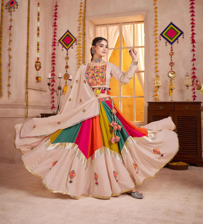 Beige Multi Color Thread & Mirror Work Navratri Lehenga