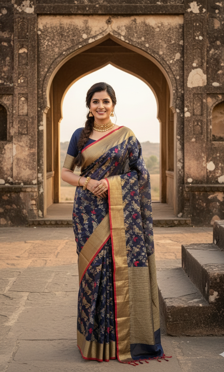 Dark Blue Chanderi Handloom Pattu Silk Meenakari Handwork Saree