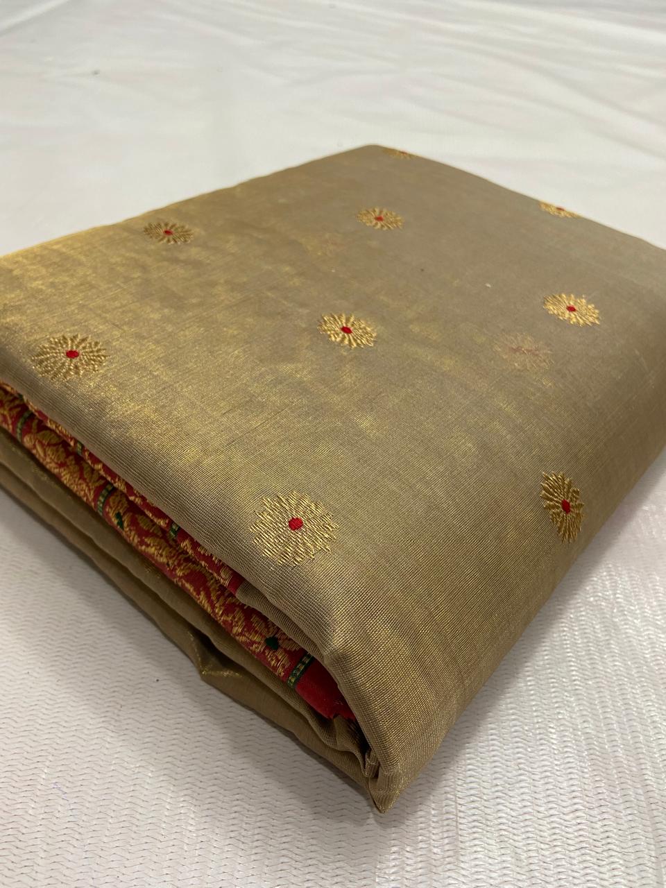 Beige Chanderi Handloom Katan Tissue Silk Meenakari Saree