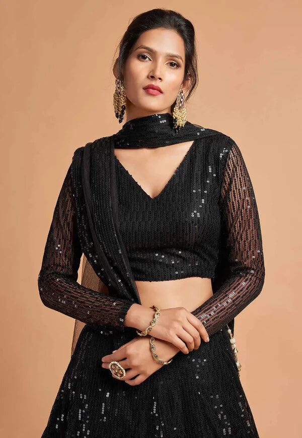 Black Soft Net Lehenga with Thread & Sequins Work