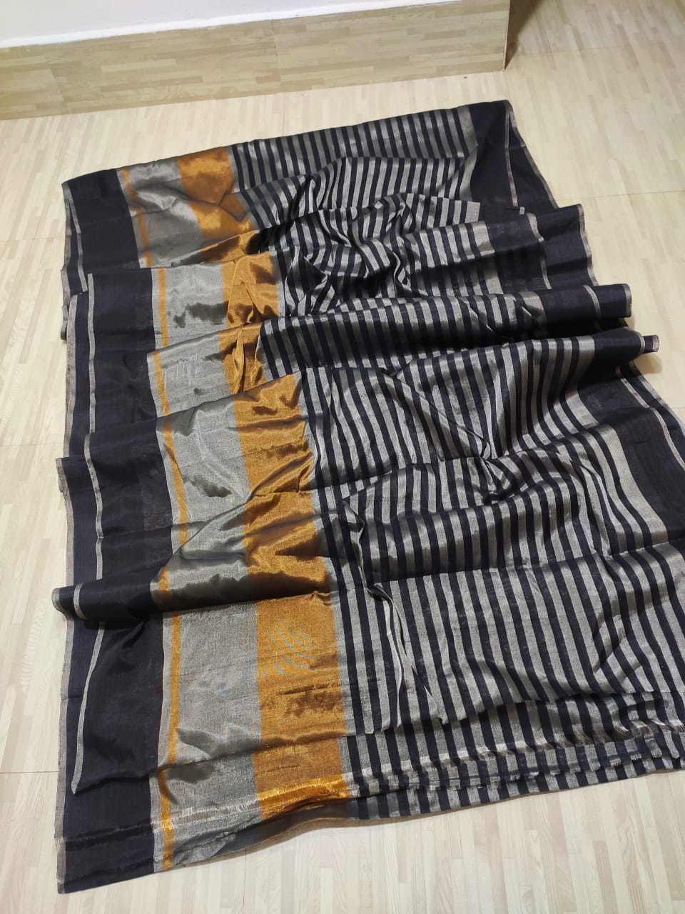 Gold, Silver & Black Chanderi Handloom Metallic Tissue Silk Contemporary Saree