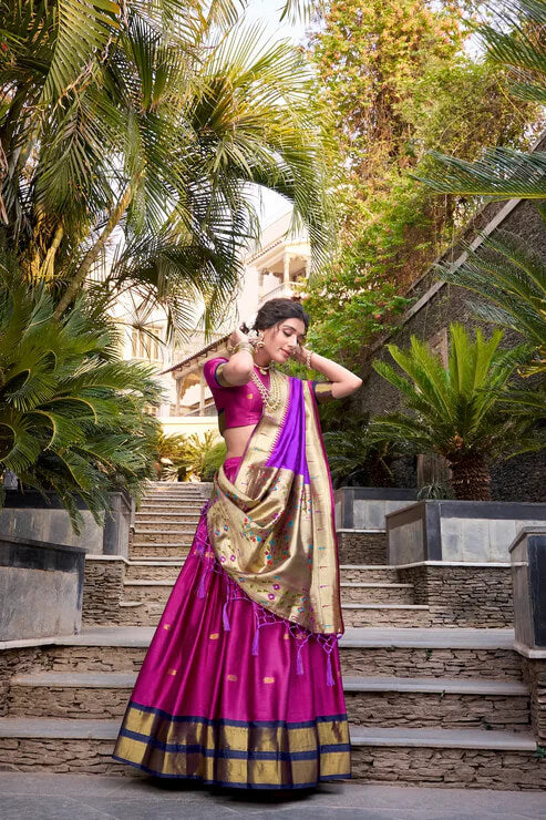 Pink Zari Weaving Paithani Lehenga Choli in Jacquard Silk
