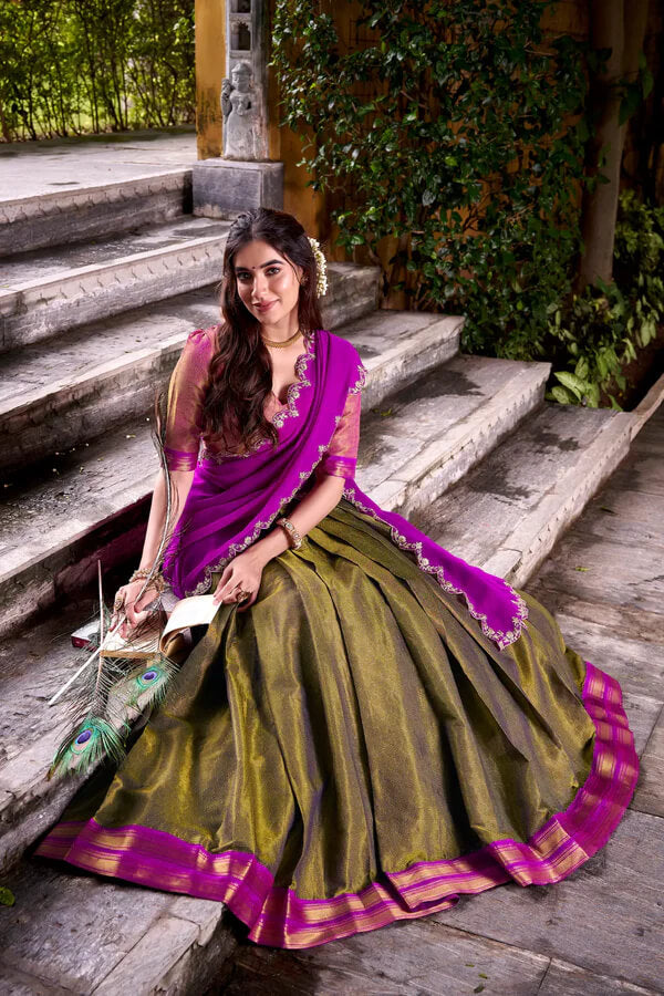 Designer Dark Olive Kanchipuram Lehenga for Weddings