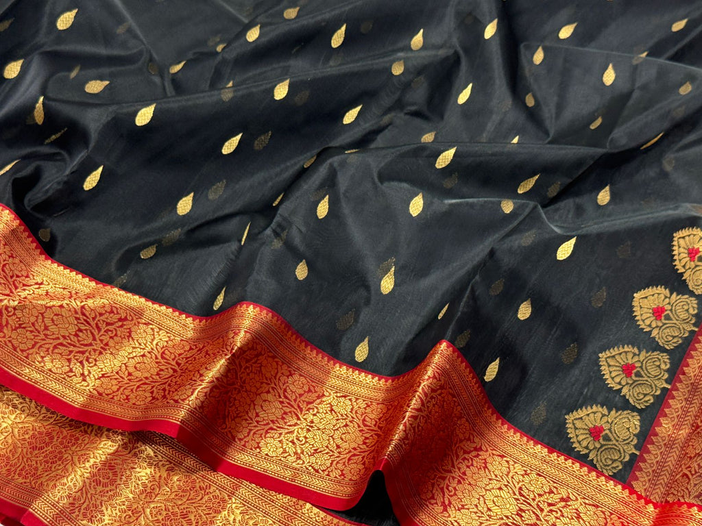 Black Chanderi Handloom Katan Silk Meenakari Saree