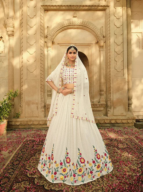 Dusty White Georgette Lehenga Choli with Thread & Sequins Work