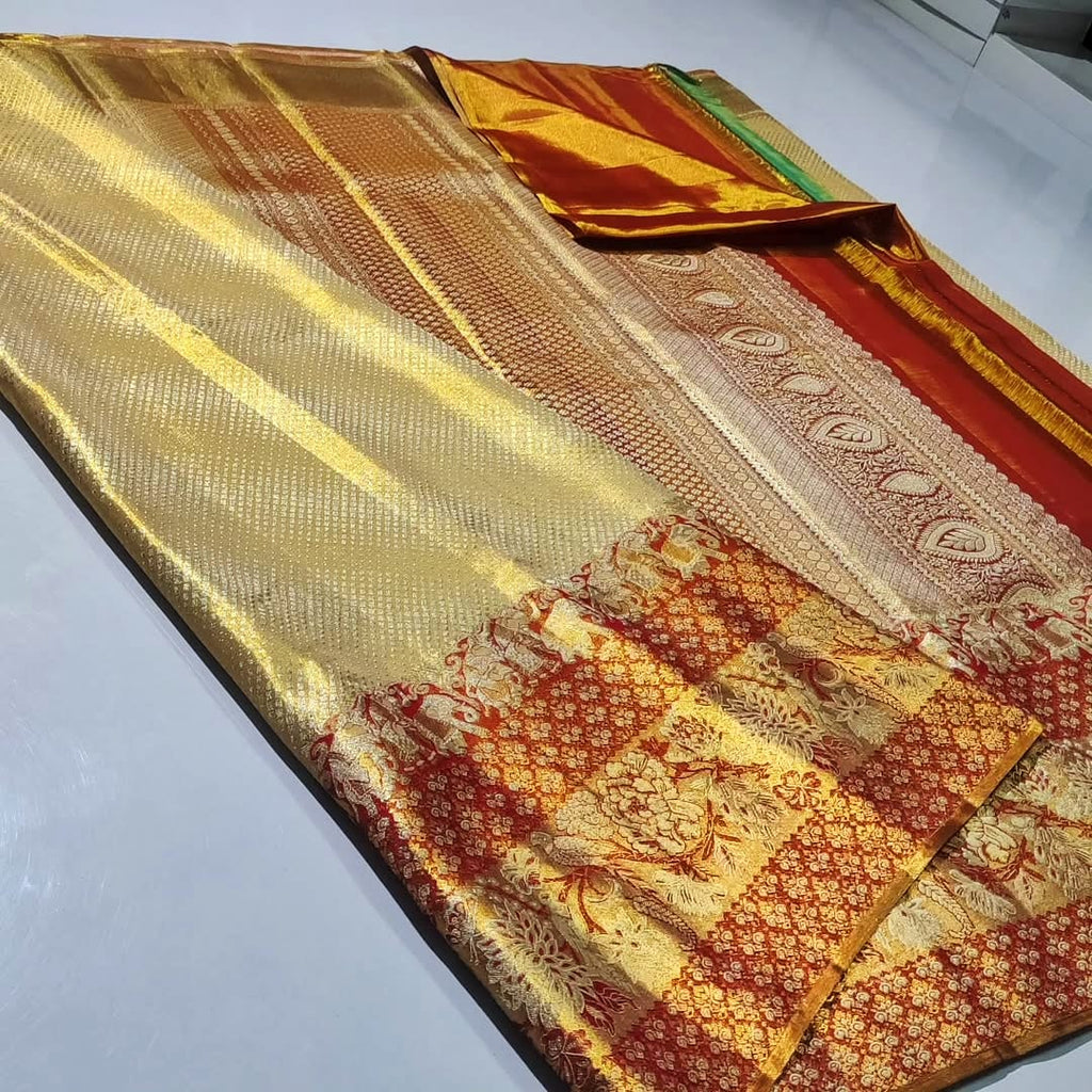 Gold Kanchipuram Handloom Tissue 1G Gold Brocade Silk Saree