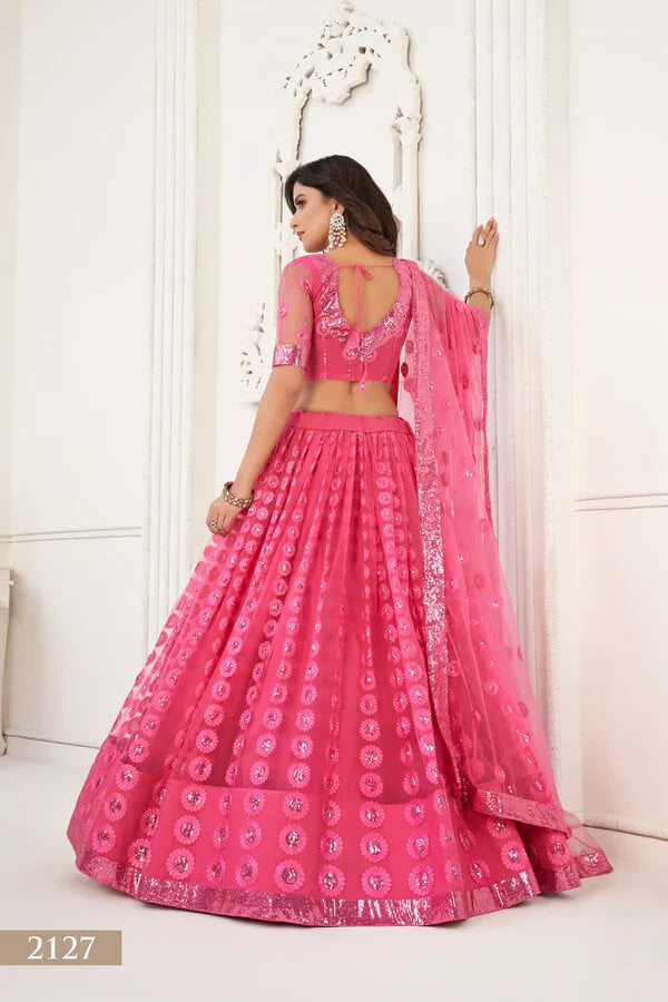 Bright Pink Net Lehenga Choli with Cotton Thread & Sequins Work