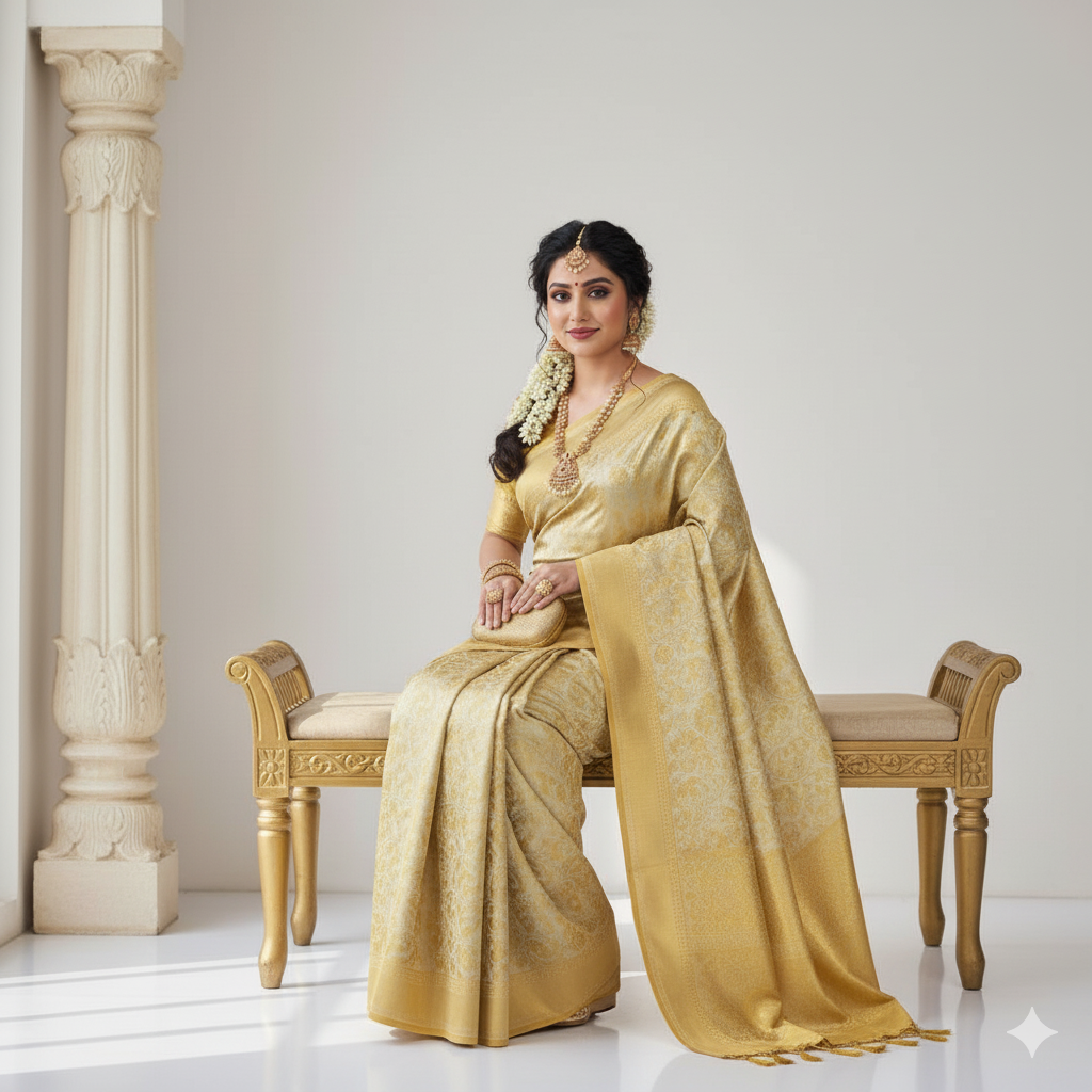 Ivory & Gold Kanchipuram Handloom Tissue Brocade Bridal Silk Saree