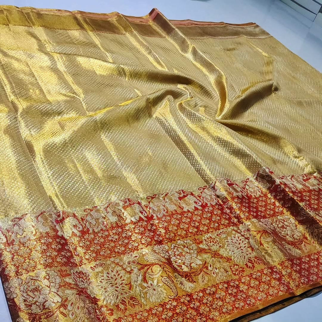 Gold Kanchipuram Handloom Tissue 1G Gold Brocade Silk Saree