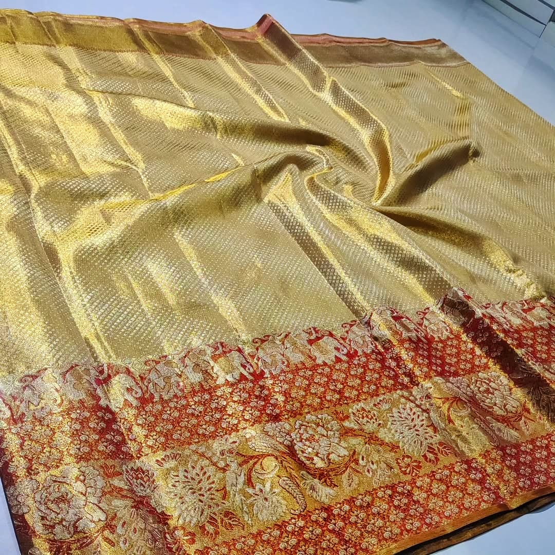 Gold Kanchipuram Handloom Tissue 1G Gold Brocade Silk Saree