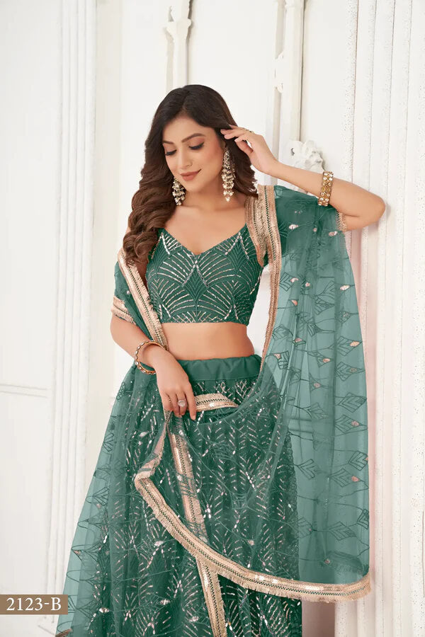 Chic Bottle Green Net Lehenga for Sangeet & Functions
