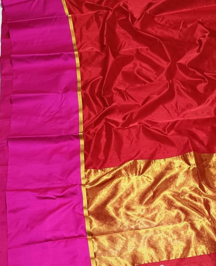 Red Chanderi Handloom Pattu Silk Mashru Borders Saree