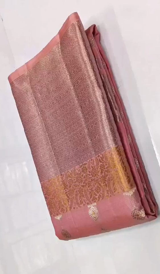 Pink Kanchipuram håndvævet enkelt Warp Pattu Silk Saree