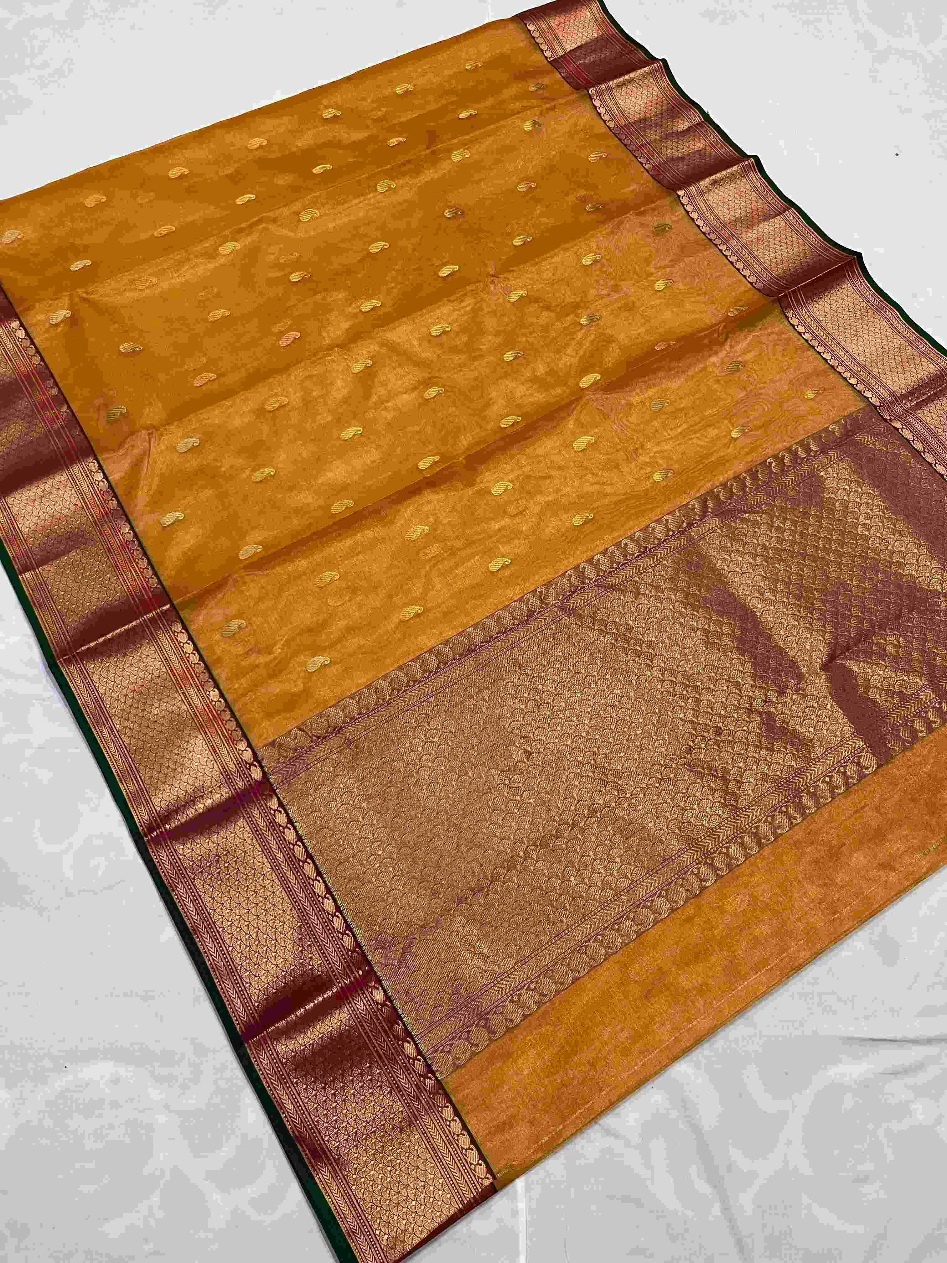 Dual Tone Mustard Chanderi Håndvævet Katan Tissue Silke Saree